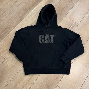 CAT Caterpillar Mens Small Black Logo Embroidered Pullover Hoodie Sweatshirt